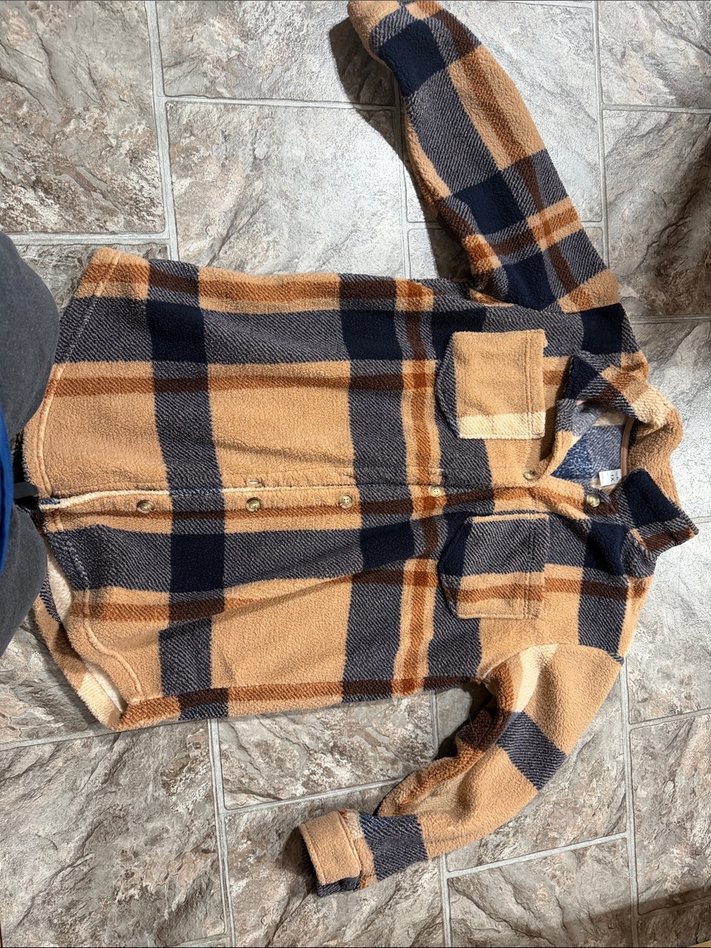 just be Tan and Navy Plaid Sherpa-Lined Shirt Jacket
